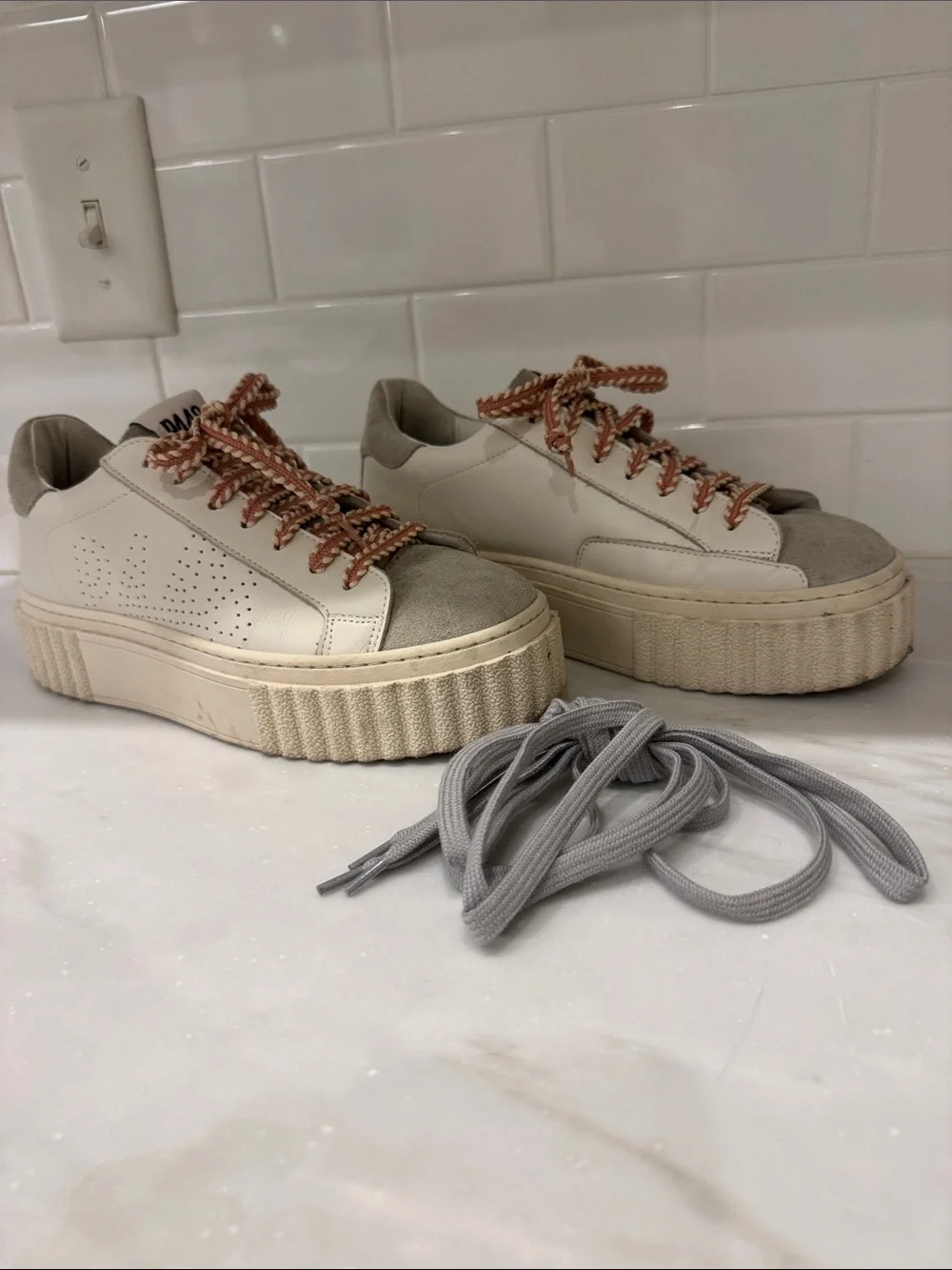 P448 Cream and Gray Platform Sneakers with Pink-Tan Braided Laces